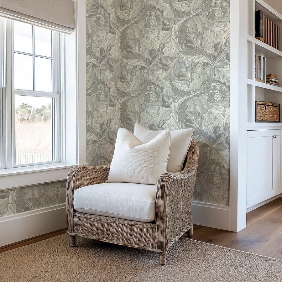 Gray Acanthus William Morris wallpaper in a hallway beside a white door