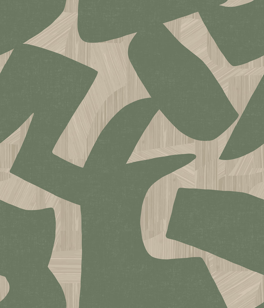 Abstract Intarsia Wallpaper – Sage Green & Cream Textured