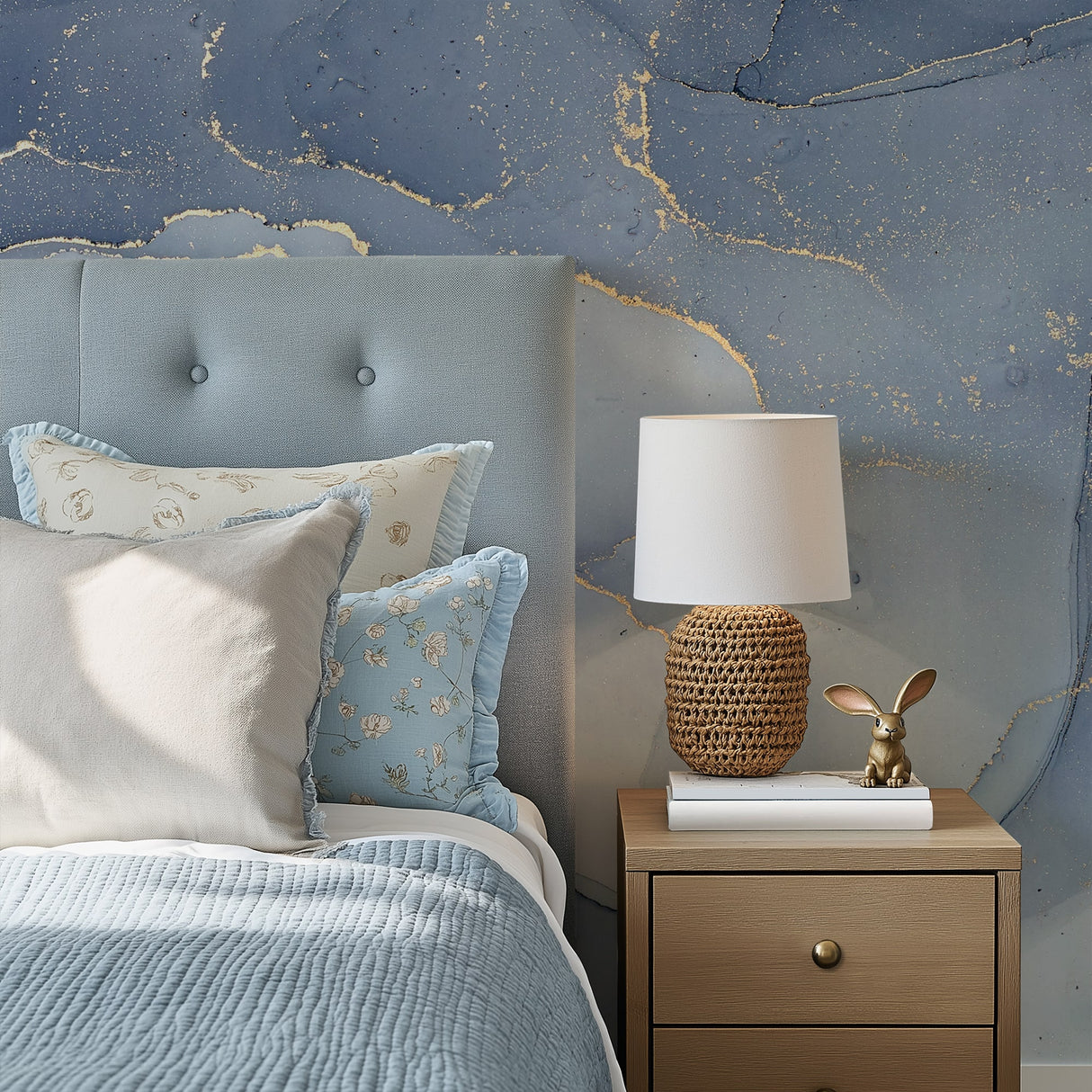 Blue and gold abstract marble wall mural for modern feature walls and bathrooms.