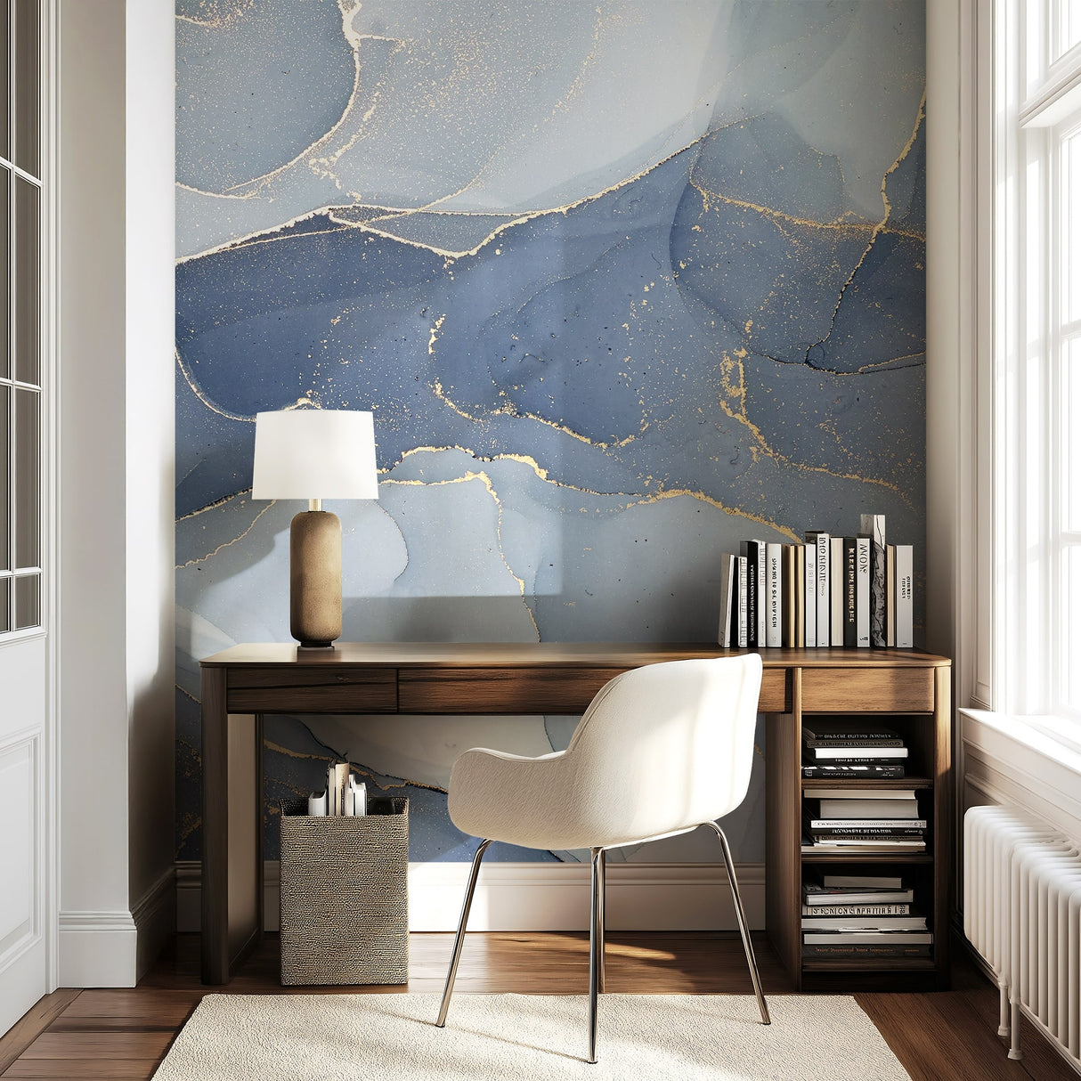 Blue and gold abstract marble wall mural for modern feature walls and bathrooms.