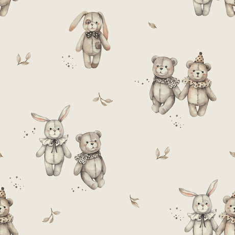 Pattern of teddy bears and bunnies on a beige background