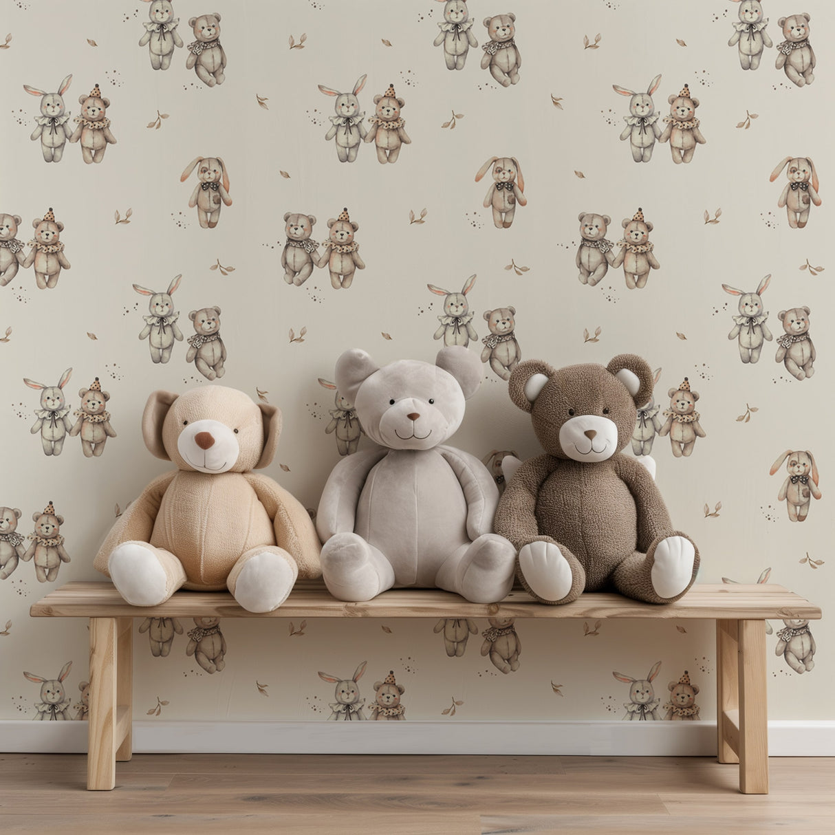 Three teddy bears on a wooden bench with a wallpaper featuring teddy bears in the background.