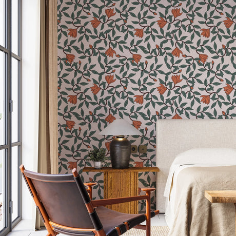 Art Nouveau Wallpaper – Retro Botanical Design with Orange Blooms