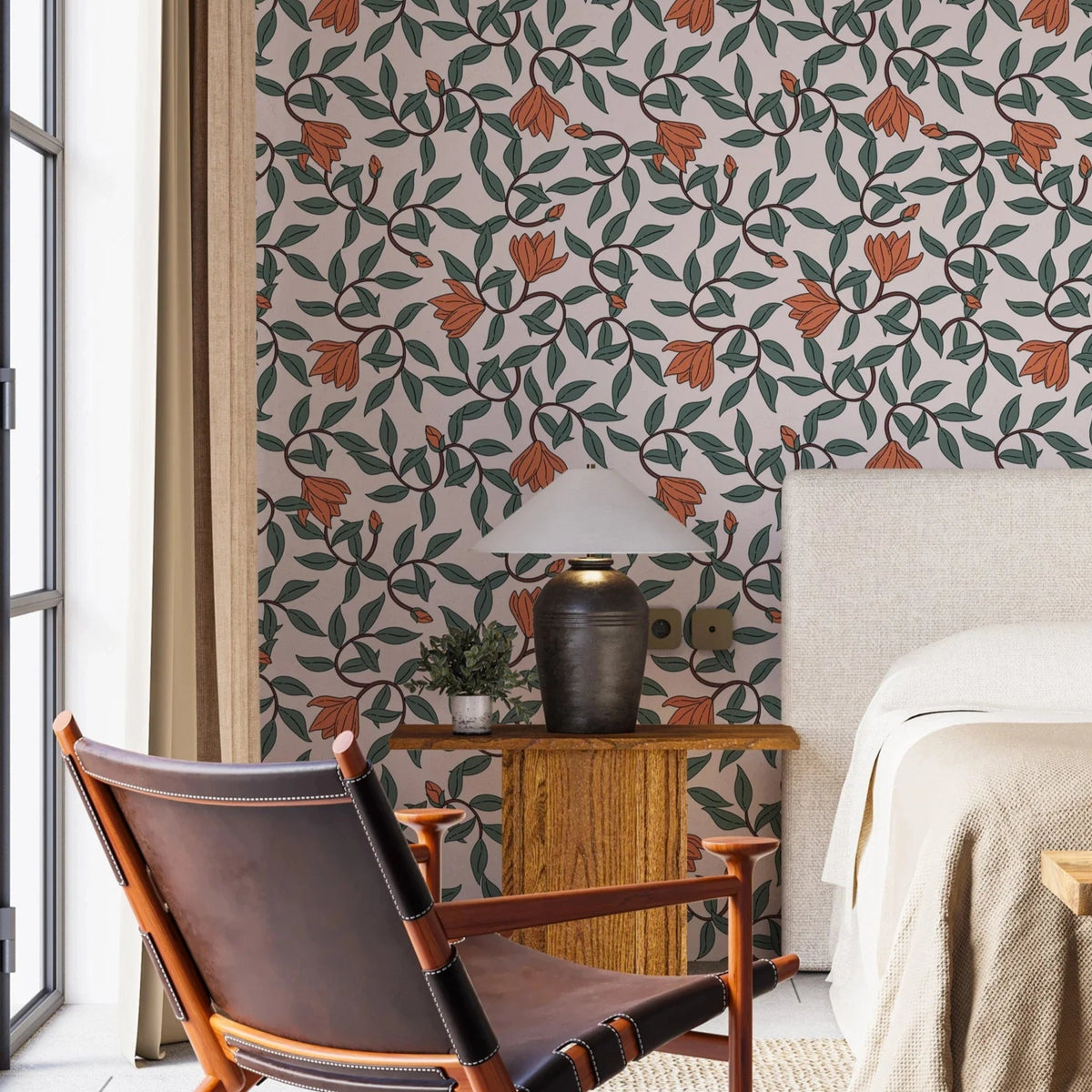Art Nouveau Floral Wallpaper | Retro Botanical Design with Orange Blooms