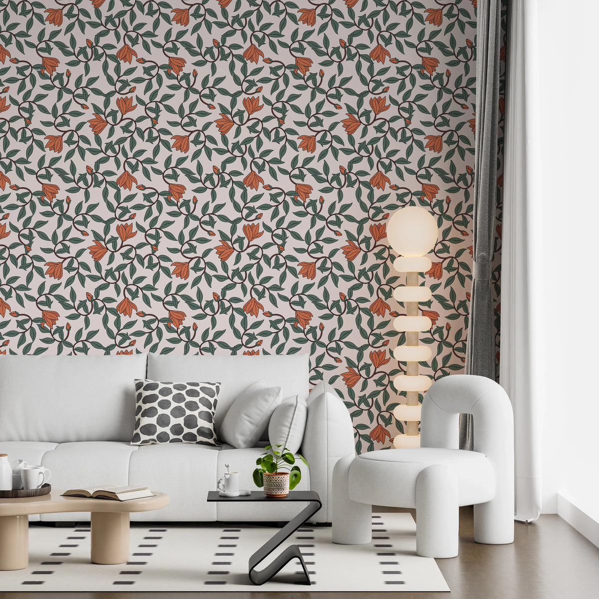 Art Nouveau Floral Wallpaper | Retro Botanical Design with Orange Blooms