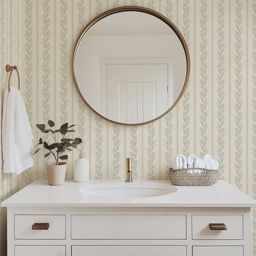 Bathroom vanity with Cream and Yellow Vintage Tulip and Stripe Wallpaper