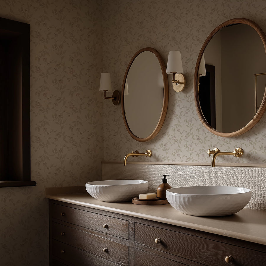 Bathroom vanity with Floral patterned wallpaper with small flowers and leaves on a light background