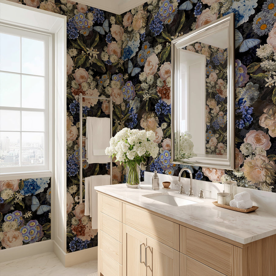 Bathroom with Baroque Midnight Floral Wallpaper