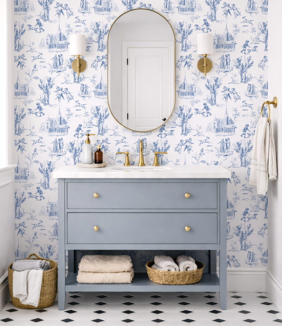 Bathroom with Blue Toile de Jouy Wallpaper – French Pastoral Scene