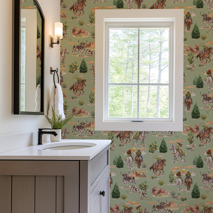 Bathroom with Sage Western Cowboy & Cowgirl Wallpaper