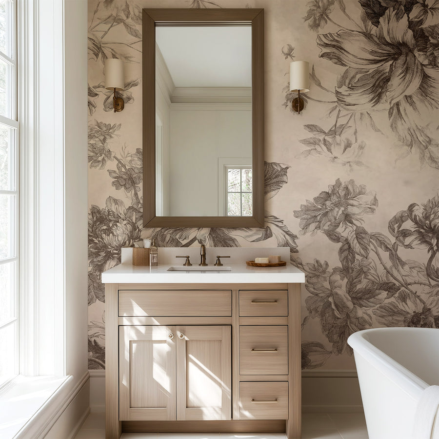 Bathroom with Vintage Ink & Sepia Floral Wallpaper Mural
