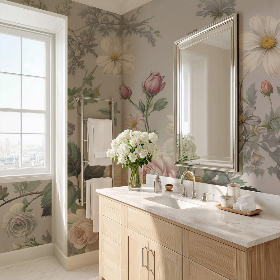 Bathroom with Vintage Pastel Grey & Pink Botanical Floral Wall Mural