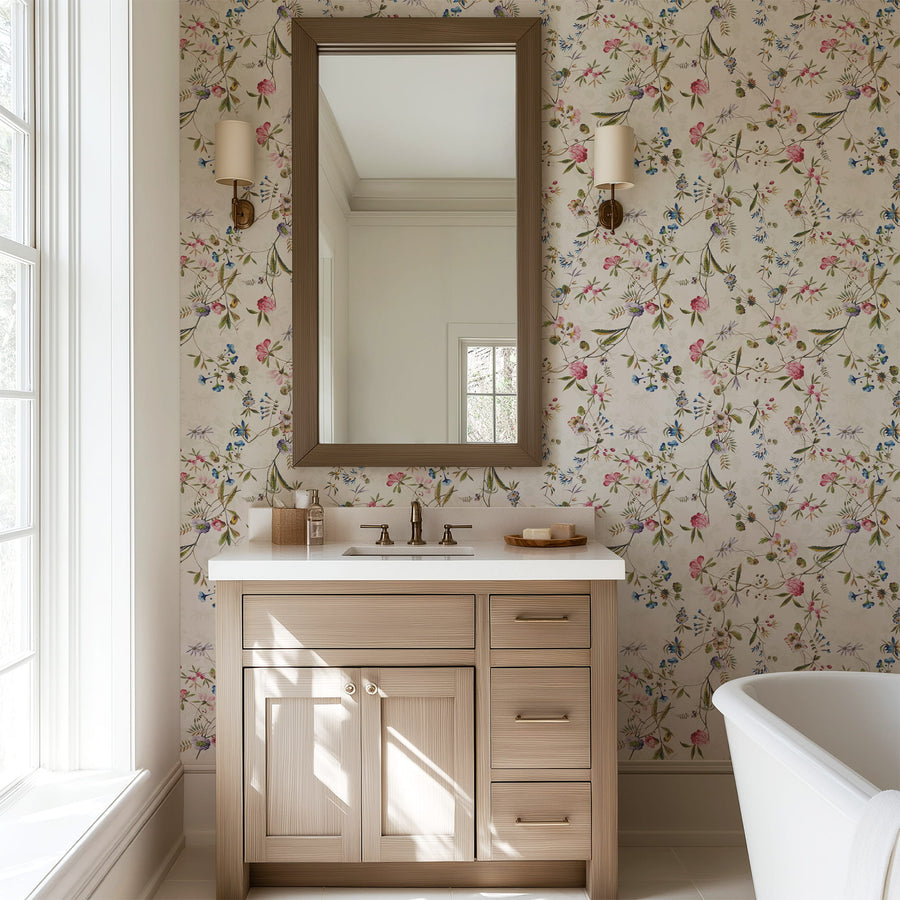 Bathroom with Watercolor Wildflower Wallpaper – Pink, Blue & Green Floral