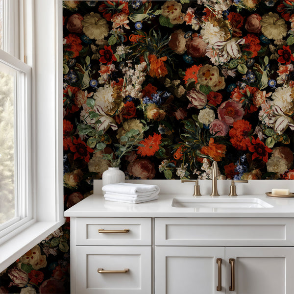 Bathroom with white vanity and Dark Floral Wallpaper – Moody Dutch Master Bouquet