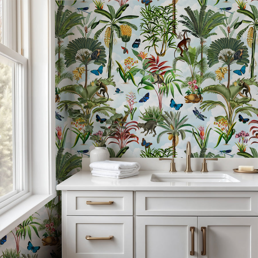 Bathroom with white vanity and Tropical Blue Sky Wallpaper – Jungle with Monkeys & Palms
