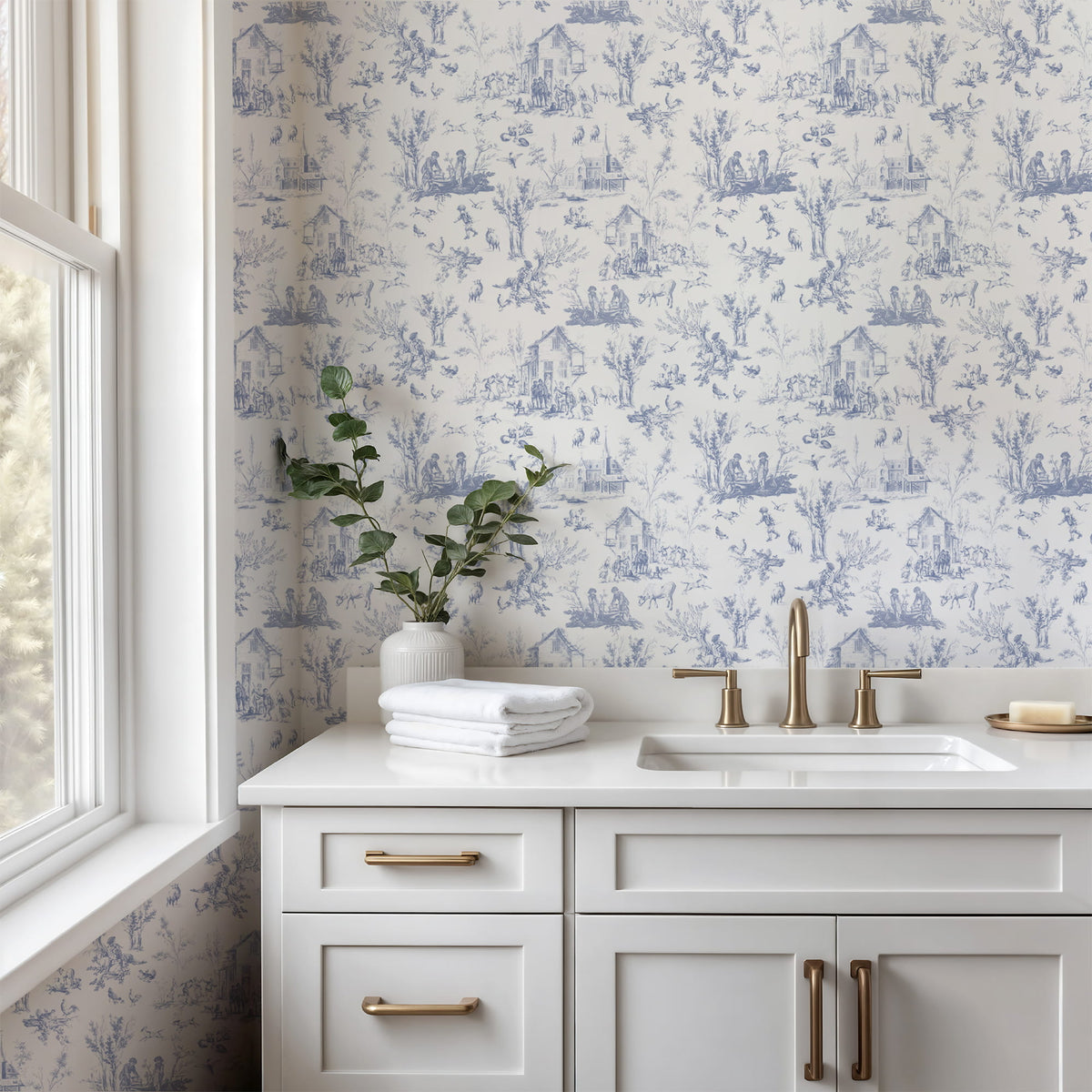 Blue Village Toile Wallpaper | French Country Pattern