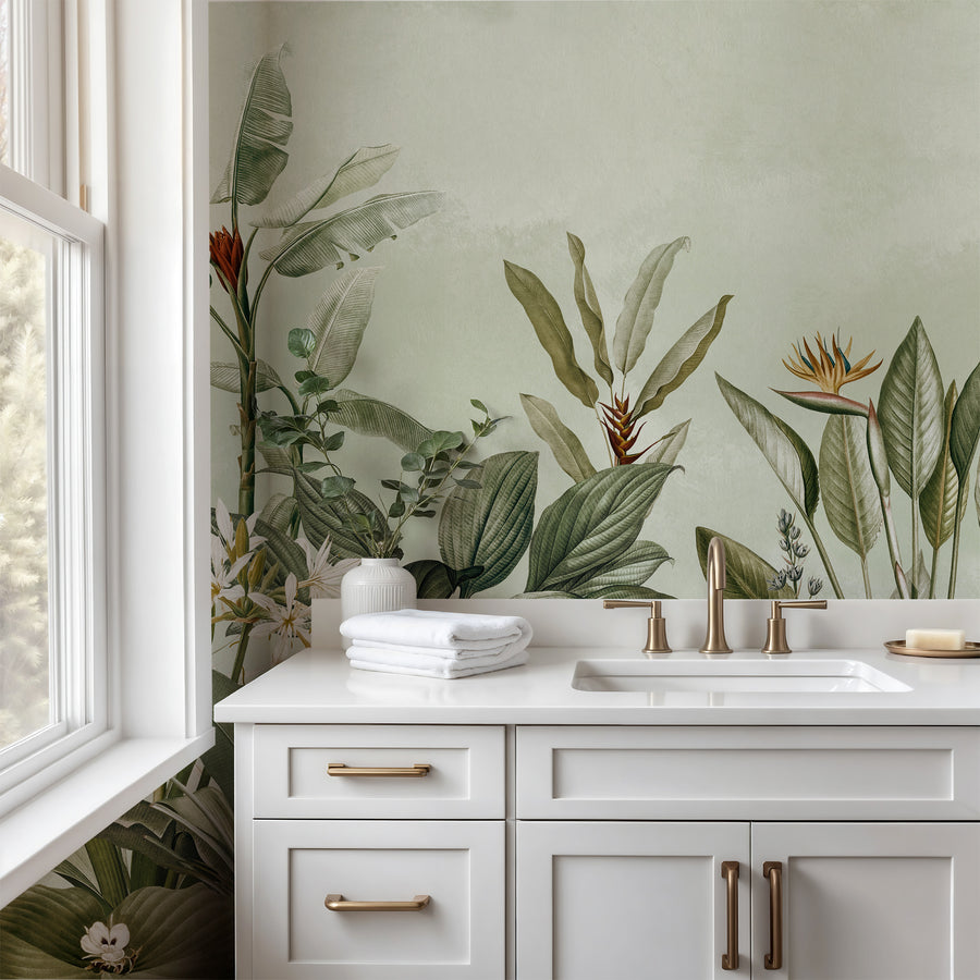 Bathroom with white vanity, sink, and Eden Tropical Palm Wall Mural
