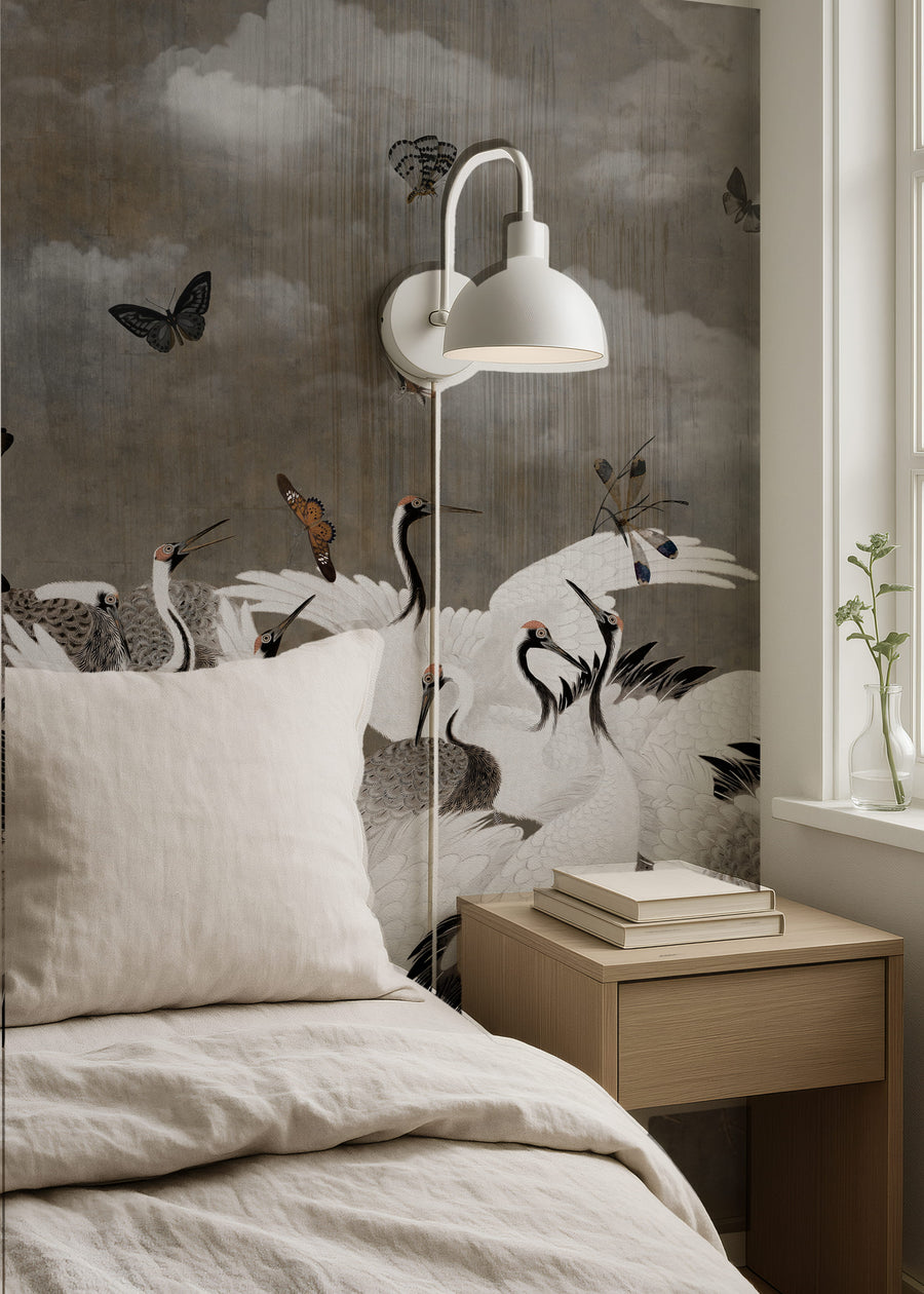 Bedroom with Sepia Japanese Chinoiserie Cranes Wall Mural