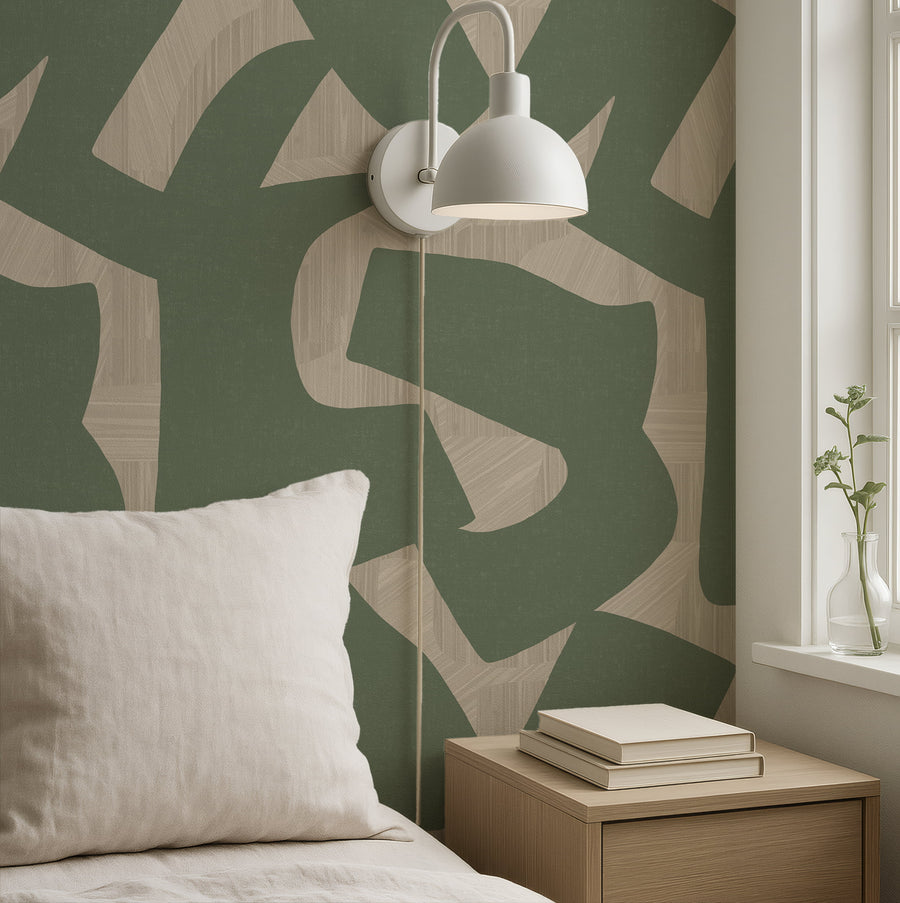 Bedroom with Abstract Intarsia Wallpaper – Sage Green & Cream Textured