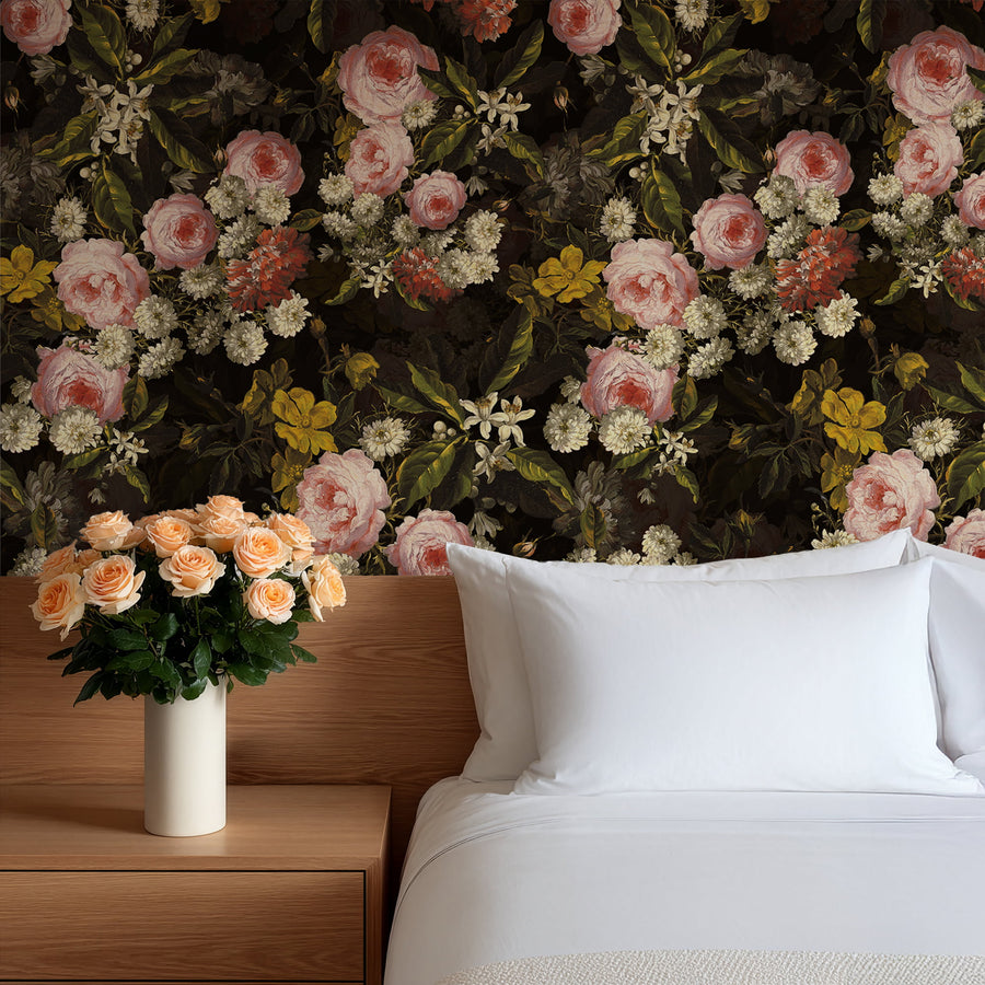 Bedroom with Baroque Twilight Rose Wallpaper