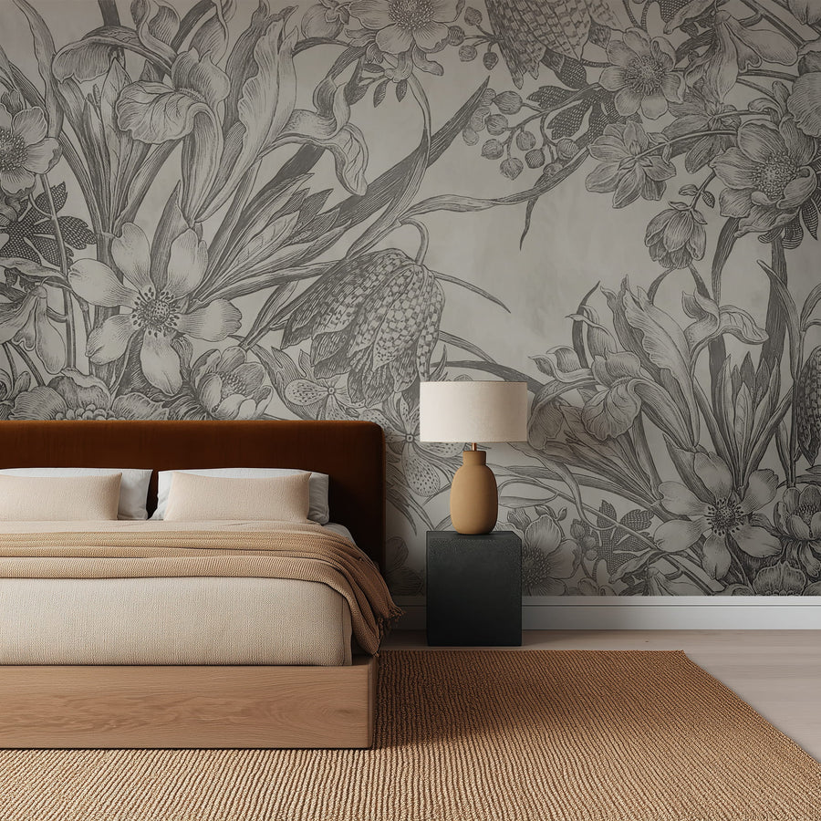 Bedroom with Bathroom with a Vintage Etched Tulip & Narcissus Floral Wall Mural
