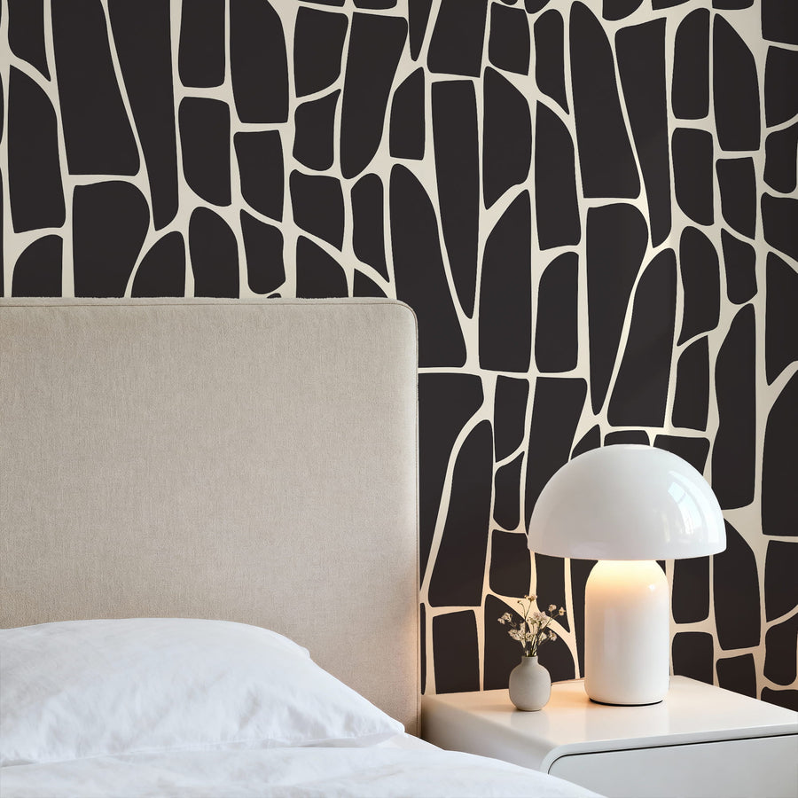 Bedroom with Black & White Organic Geometric Wallpaper - Abstract Mosaic Shapes