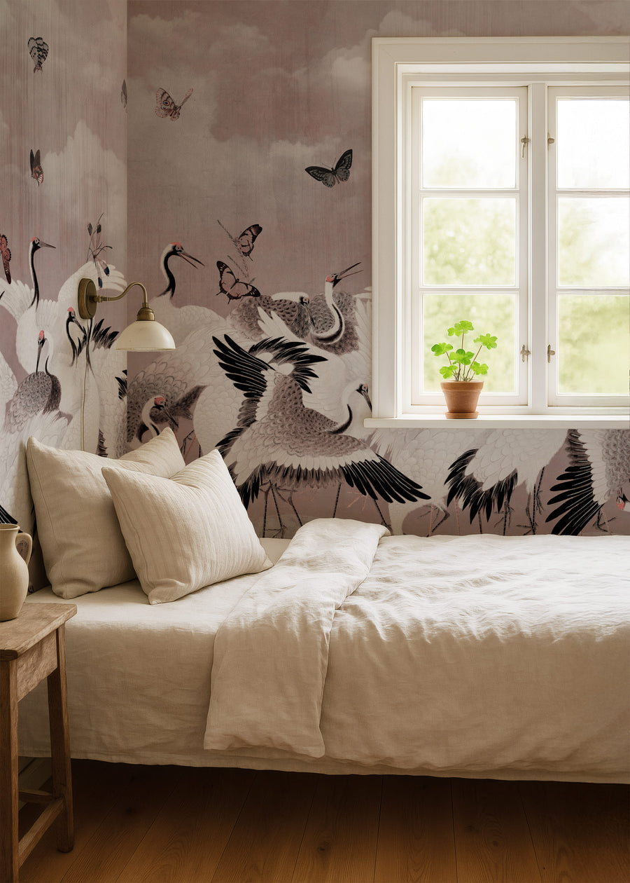 Bedroom with Blush Pink Japanese Chinoiserie Cranes Wall Mural