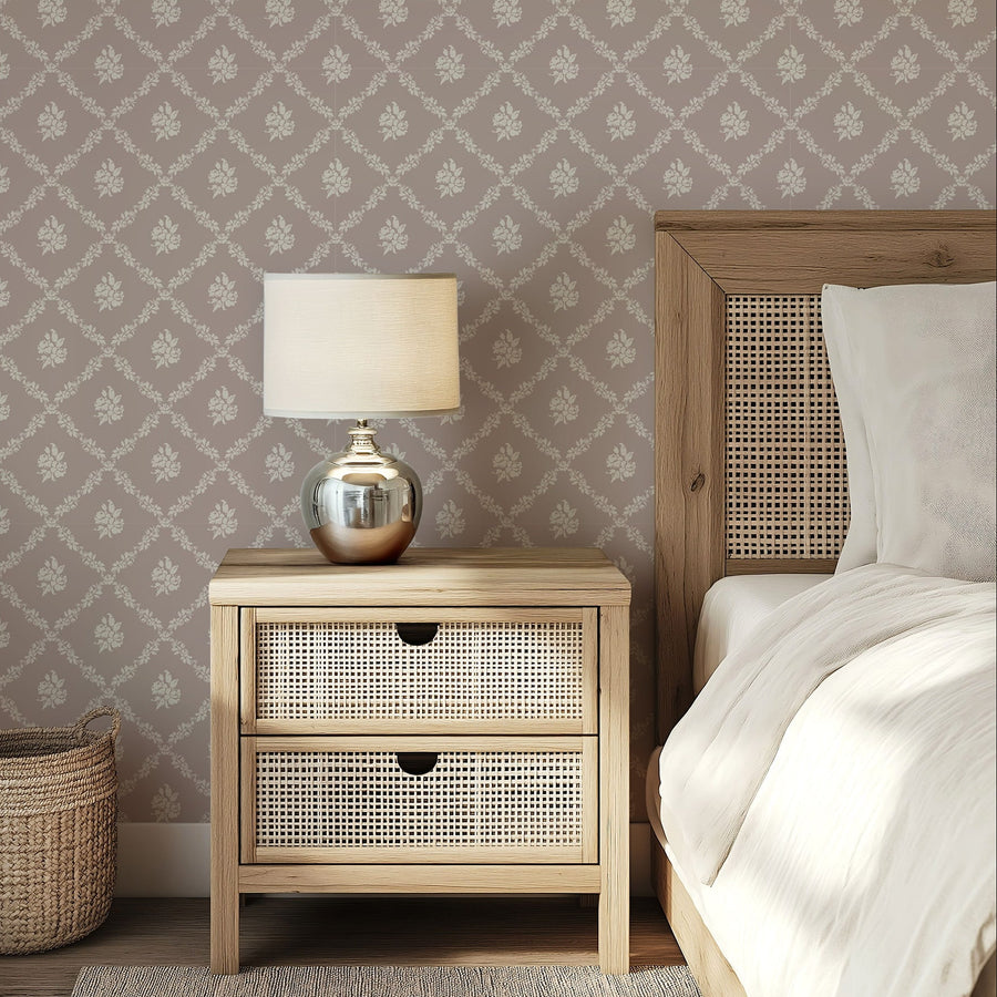 Bedroom with Della Dusty Pink Floral Trellis Wallpaper