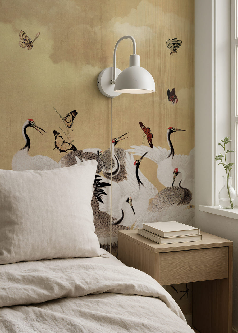 Bedroom with Golden Japanese Chinoiserie Cranes Wall Mural