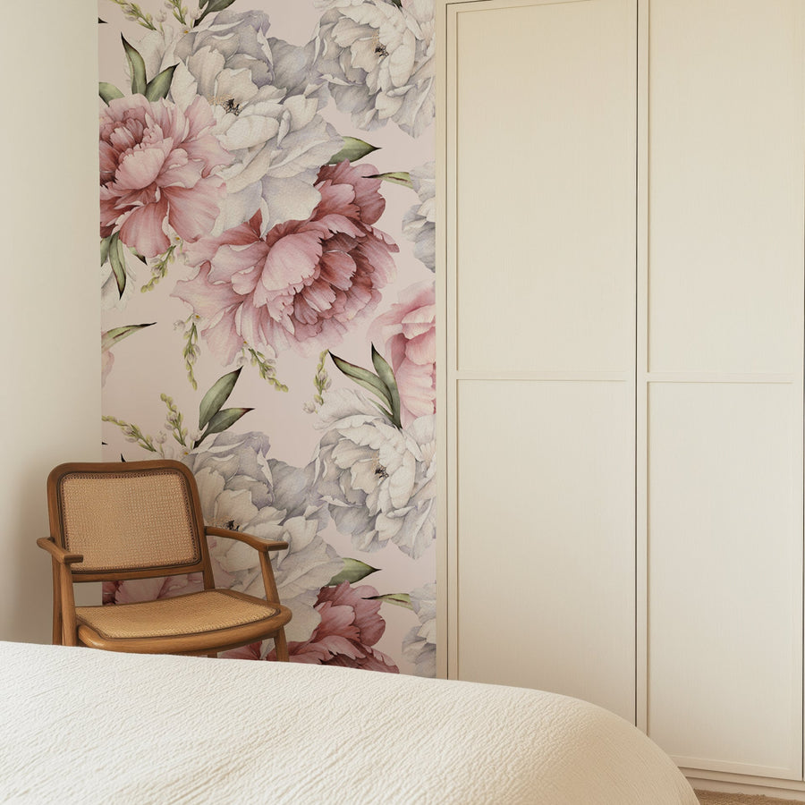 Bedroom with Light Pink Peony Wallpaper
