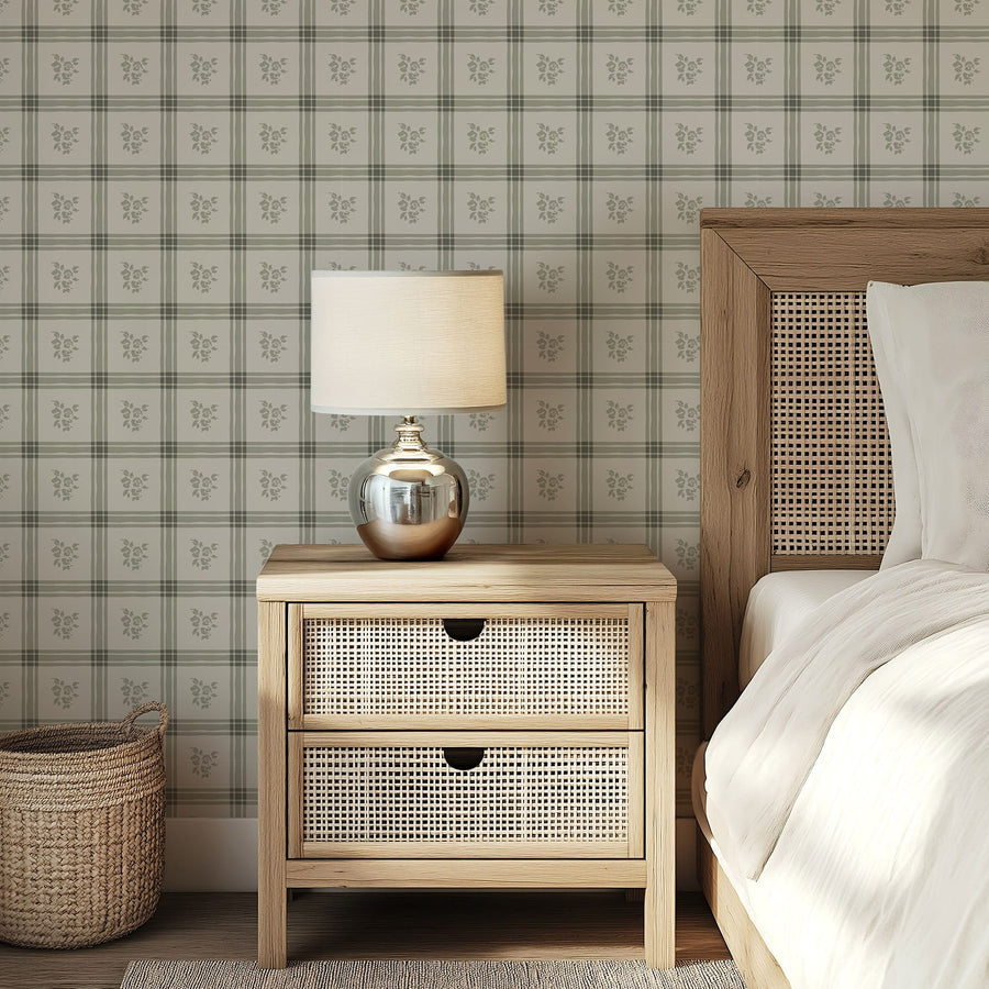 Bedroom with Millie Cream & Green Wallpaper Vintage Floral Plaid
