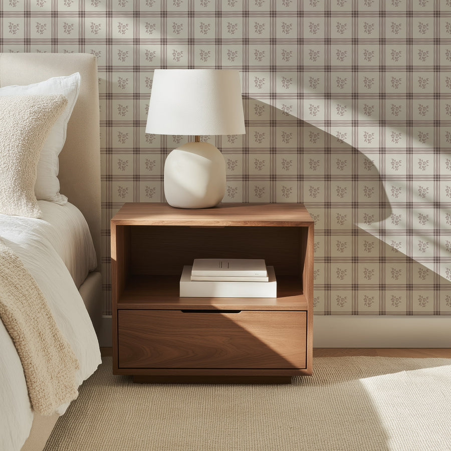 Bedroom with Millie Cream and Pink Wallpaper Vintage Floral Windowpane Plaid