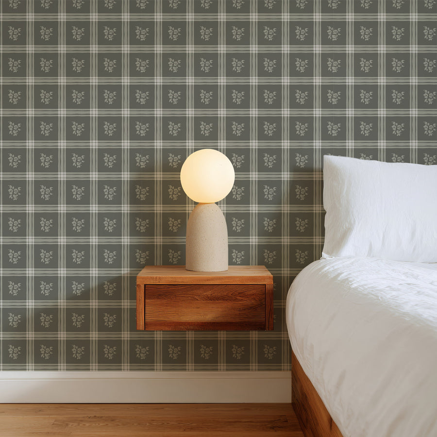 Bedroom with Millie Dark Green Wallpaper Vintage Floral Windowpane Plaid