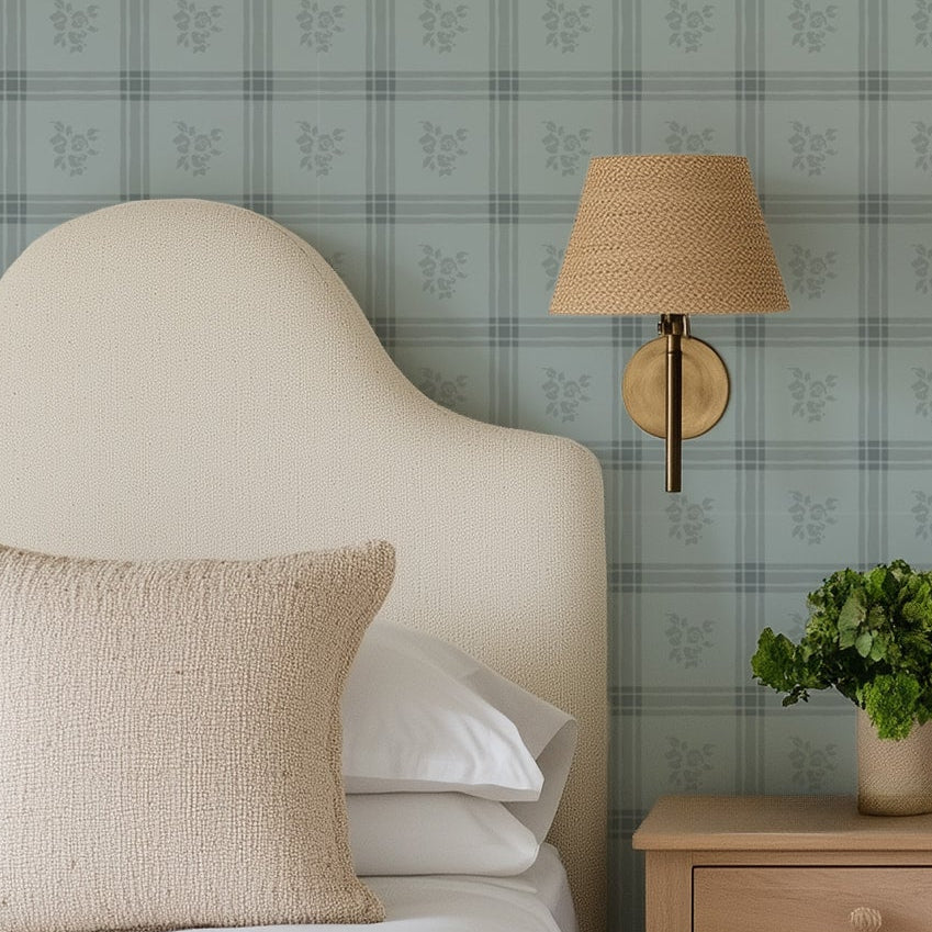 Bedroom with Millie Dusty Blue Wallpaper Vintage Floral Windowpane Plaid