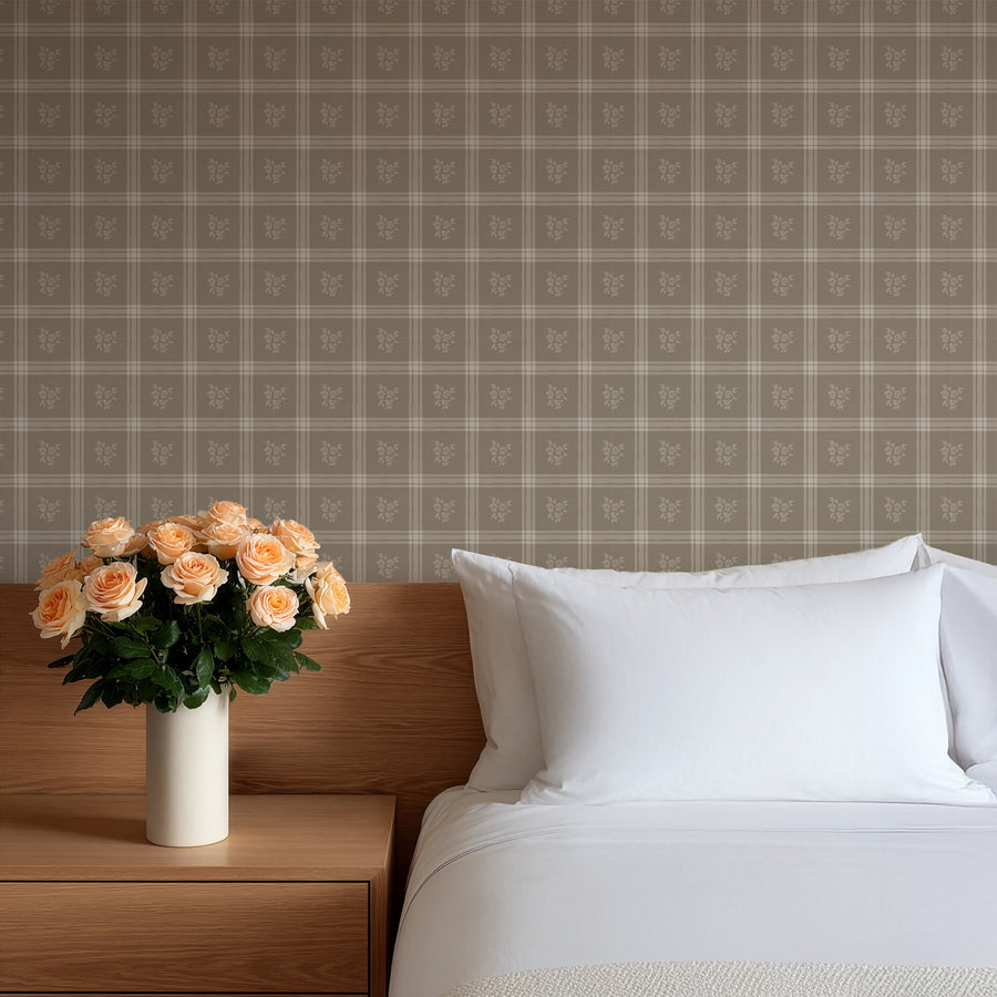 Bedroom with Millie Tan Wallpaper Vintage Floral Windowpane Plaid