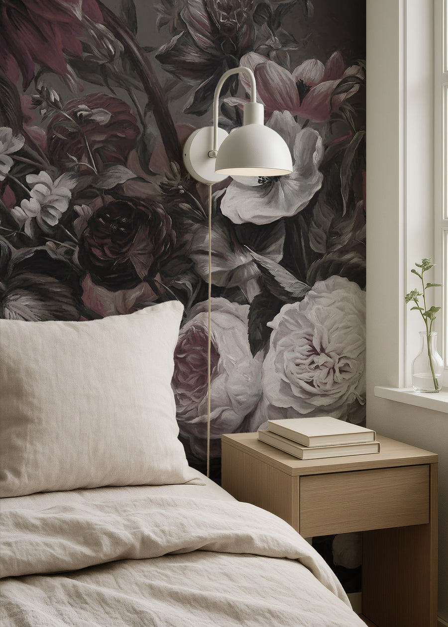 Bedroom with Ophelia Dutch Dark Academia Floral Wallpaper Mural