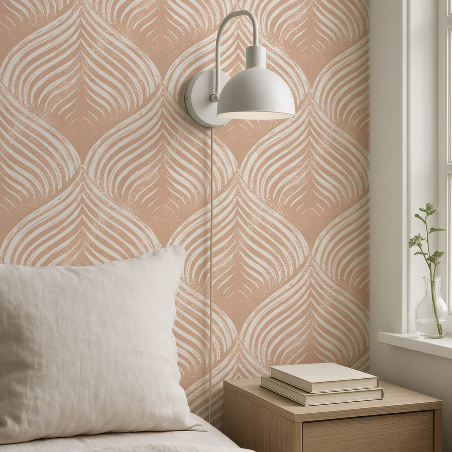 Bedroom with Peach & White Scallop Wallpaper - Art Deco Blockprint