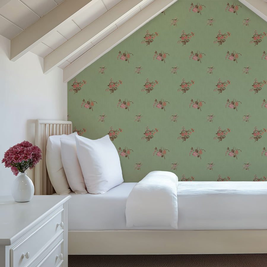 Bedroom with Sage Heritage Heirloom Floral Wallpaper