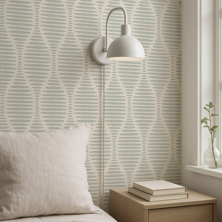 Bedroom with Sage Ogee Sketch Ovals Wallpaper