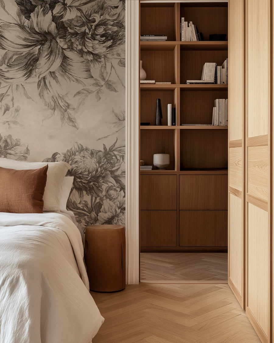 Bedroom with Vintage Ink & Sepia Floral Wallpaper Mural