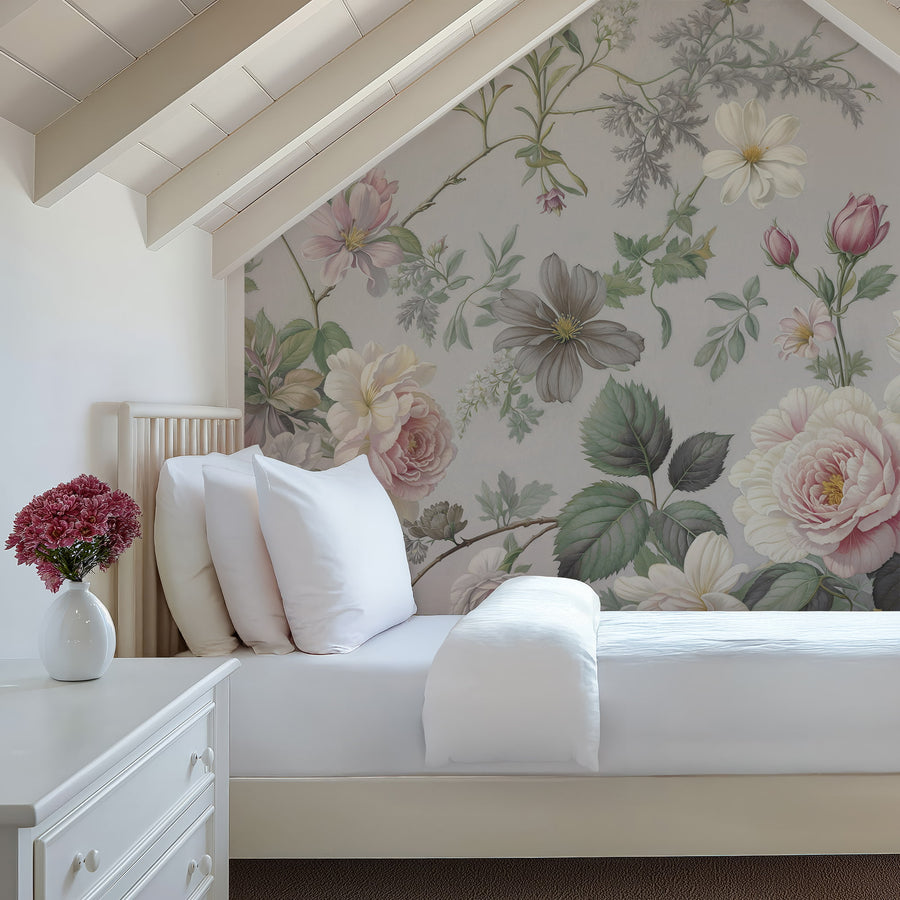 Bedroom with Vintage Pastel Grey & Pink Botanical Floral Wall Mural
