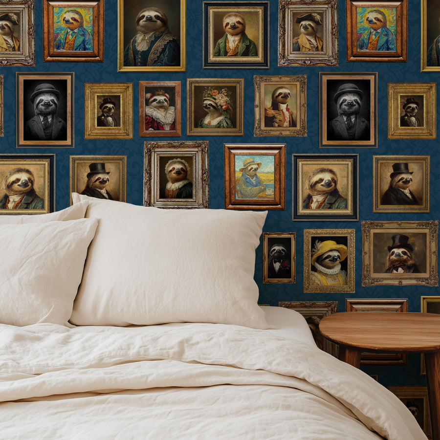 Bedroom with Vintage Sloth Portrait Wallpaper