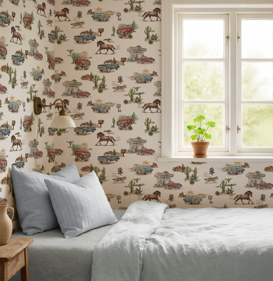 Bedroom with Western Kids Wallpaper - Vintage Trucks & Wild Horses