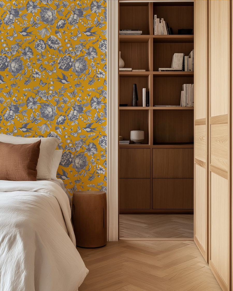 Bedroom with Yellow Vintage Floral Wallpaper – Grey Botanical & Bird Pattern