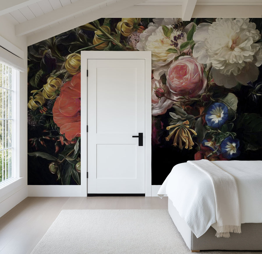 Bedroom with a Dark Floral Poppy & Rose Bouquet Wallpaper Mural