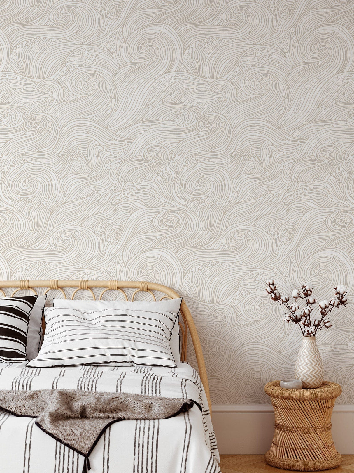 Beige nautical big waves wallpaper