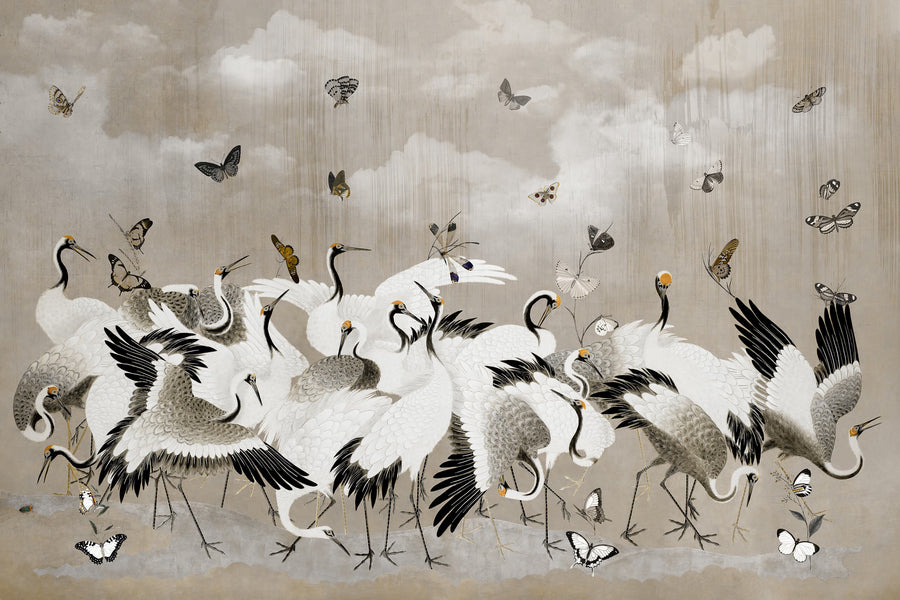 Beige Japanese Chinoiserie Cranes Wall Mural