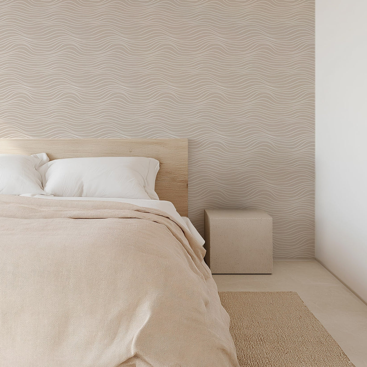 Beige minimalist wallpaper with white wavy line pattern for modern neutral interiors