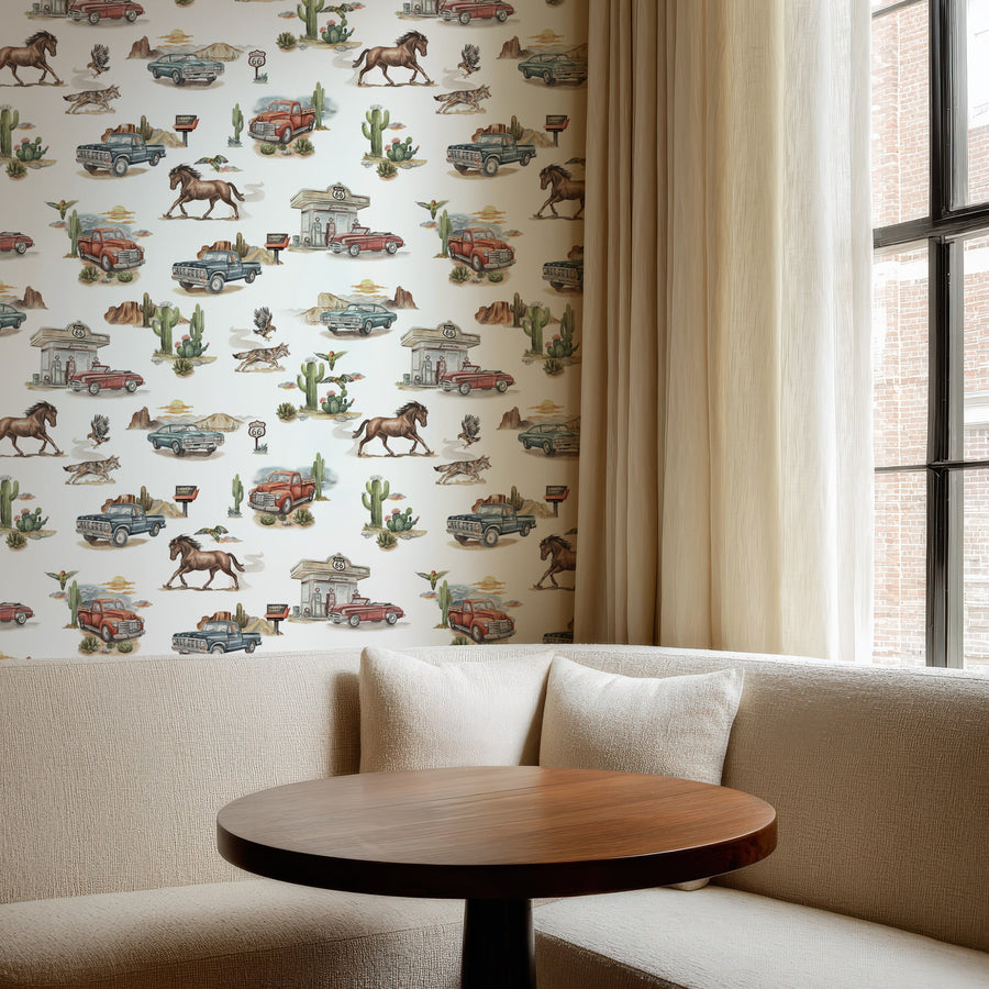 Beige sofa with a wooden table against a wall with a Western Kids Wallpaper - Vintage Trucks & Wild Horses