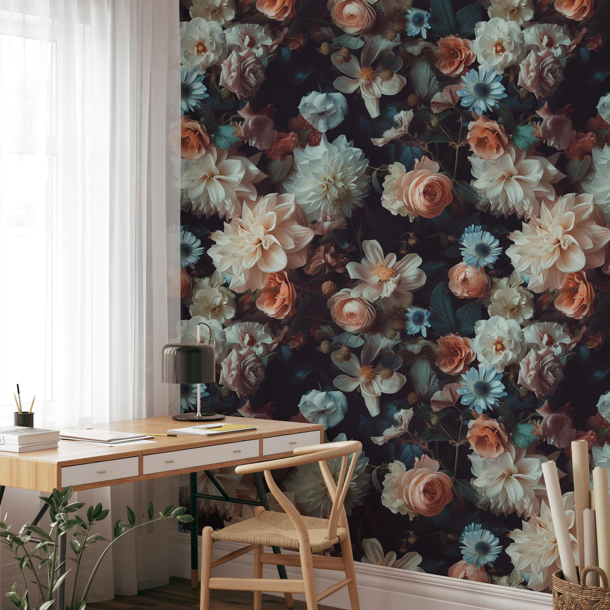 Vintage Floral Wallpaper Mural - Dark Botanical Peel and Stick Wallpaper